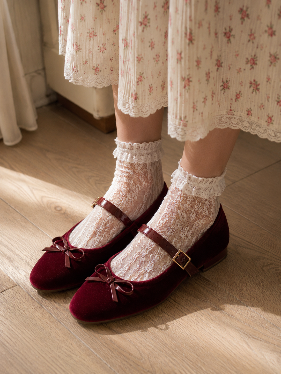 Baletas Noe – Flats de Terciopelo con Moño y Correa