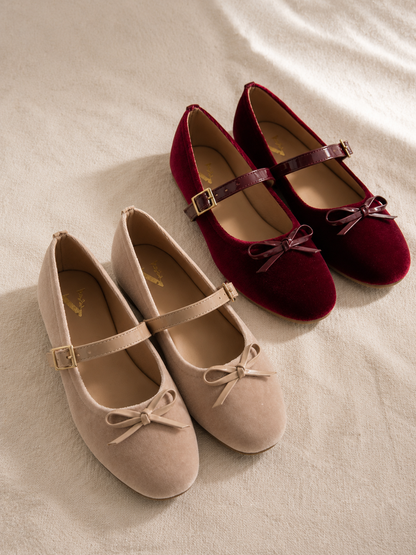 Baletas Noe – Flats de Terciopelo con Moño y Correa