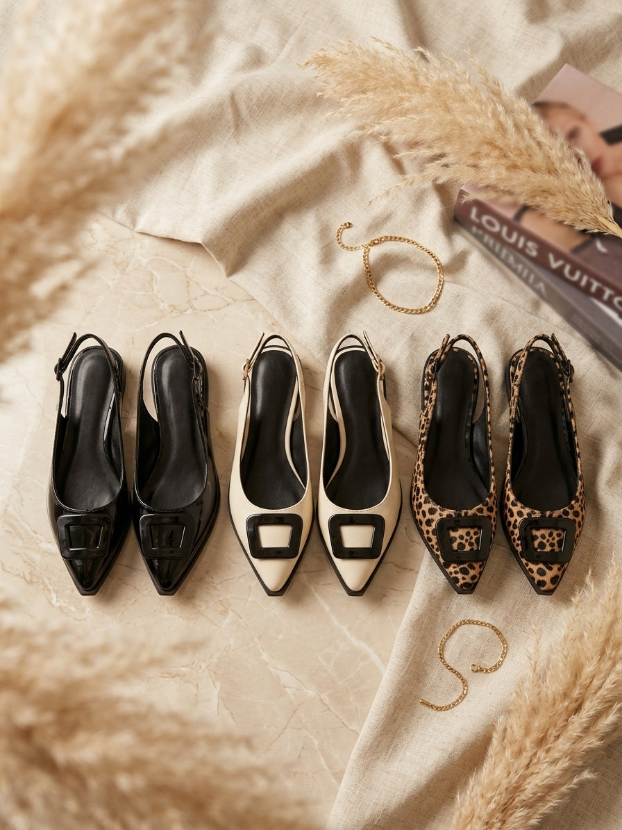 Baleta Pluma Liviana en Charol con Hebilla – Negro, Beige y Animal Print